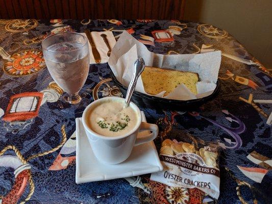 Delicious Clam chowder, made in house and garlic bread.