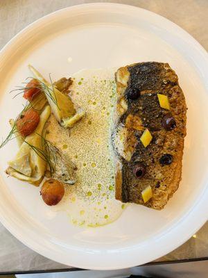 STRIPED BASS, FENNEL CONFIT, ARTICHOKES, TAGGIASCA OLIVES, PRESERVED LEMON