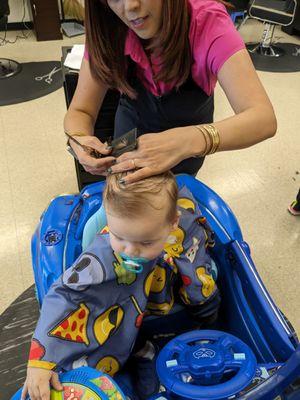 Let me play with him while she did her thing. Had the option to sit on my lap if we had wanted, but opted for the sweet blue car.