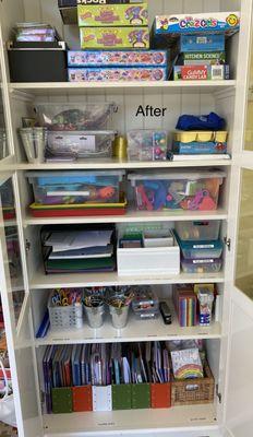 Kids' craft and activity cabinet organized and labeled. Easy clean up for kids!