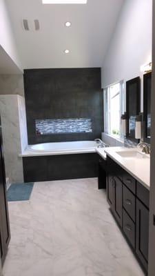 Los Angeles Bathroom Remodel - Quartz Countertops, Glass, metallic finish porcelain, and marble tile, Espesso Shaker Cabinets