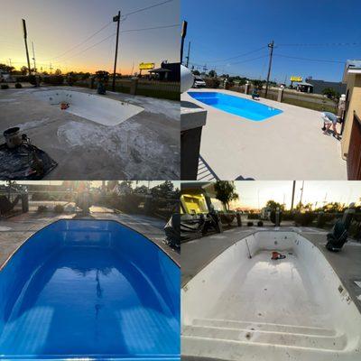 Before and after swimming pool and concrete deck resurfacing