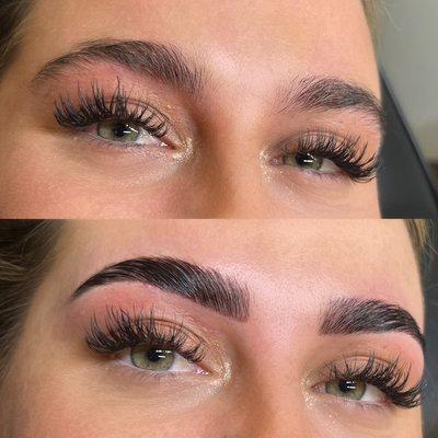 Before & after of a brow lamination, tint and wax