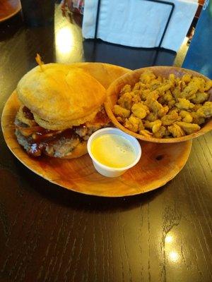 Chuck Norris burger with side of mushrooms.