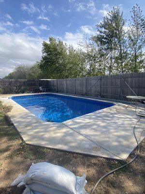 New Vermiculite pool base, liner replacement, and new concrete decking. 
Concrete Pools Inc.