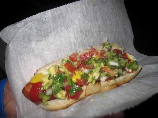 Best in LA: Bacon Dog with everything on it. Ketchup, Mustard, Mayo, Grilled Onion and this Pico de Gallo with hot pepper.