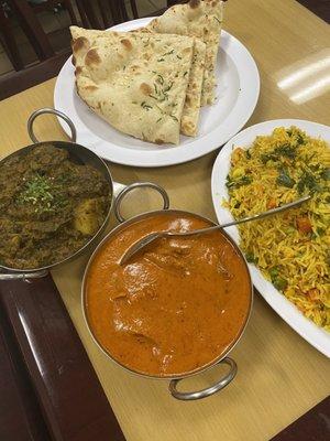 Butter Chicken Garlic Naan Saag Aloo Vegetable Biryani