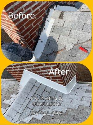 Before and after shingle and flashing replacement