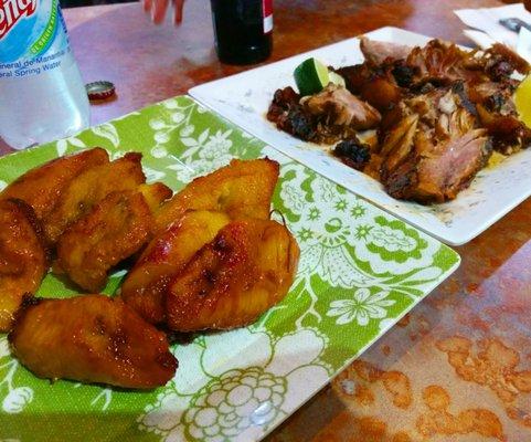 Plantains and roast pork.