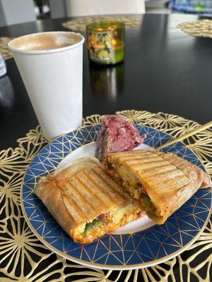 Chipotle Breakfast Burrito with raspberry scone and honey latte