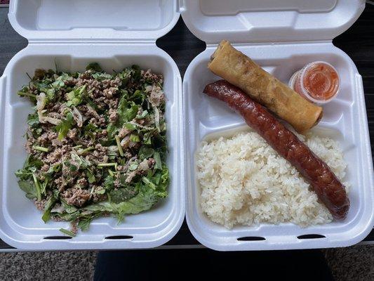 Laap, sausage and rice, egg roll