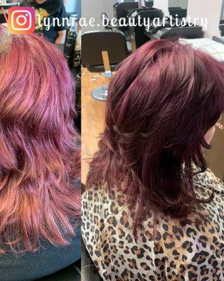 Custom all over color with violet and red tones with a textured layered haircut. Done by Rachael