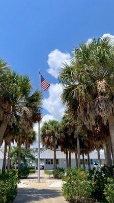 Main marina office, walkway with US flag