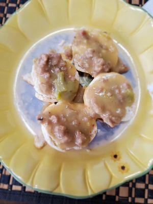 Our delicious green chili biscuits & gravy.