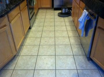 Typical kitchen grease/residue. Light tan colored grout appears to be black. This floor was just mopped by a house cleaning crew