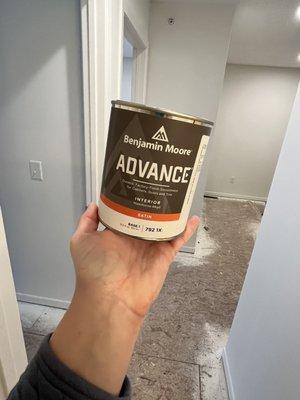 Another great Benjamin Moore product - Advance Trim and Cabinet Paint. Oil paint finish with the ease and less fumes of waterborne alkyd.