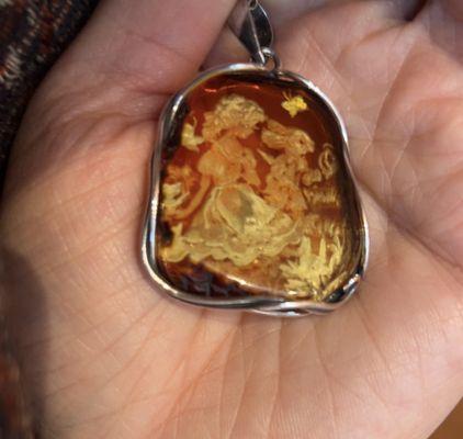 Alice in Wonderland engraved Amber Pendant