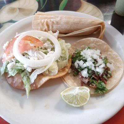 Tongue taco, been tostada and chicken tamale.