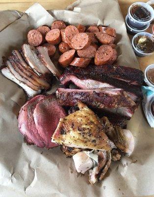 1 small pork & beans, 1.55 lb spare ribs, 0.5 lb beef shoulder, 0.91 lb chicken, 2 sausage links, 0.5 lb pork belly