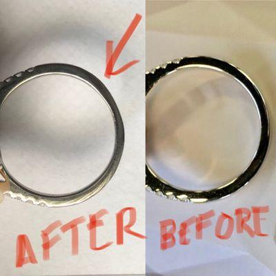 Showing the wonky workmanship of a ring sizing that was done by Littleton Jewelry.photo on the right is of the same ring before they sized.