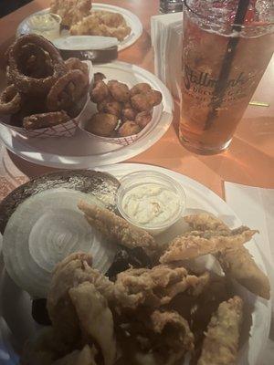 Bluegill, cheese curds, onion rings, cod and an old fashioned