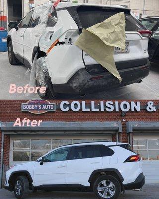 At Bobby's Auto collision & Repairs, we do all type of bodywork. In this above car, we've repair & painted the quarter panel & rear bumper.