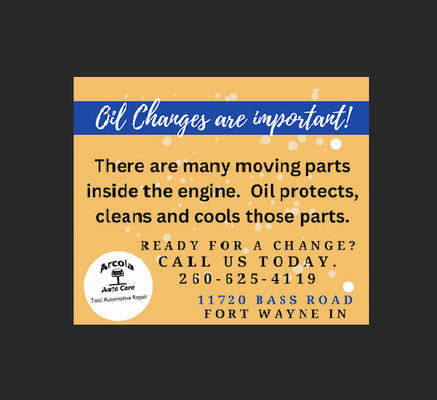 Oil Changes are important to protect, clean, and cool all the moving parts of your engine. Call today to schedule an appointment