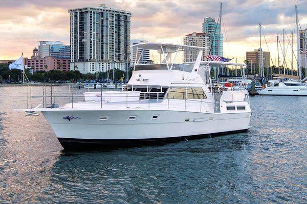 The Smooth C's is a 43' Viking motor yacht, USCG Inspected for 20 passengers plus 2 crew; located in St Pete, FL TampaBayYachtCharter.com