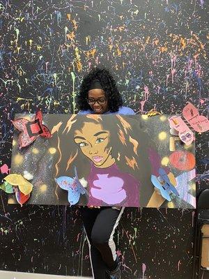 Art Therapy Project (painting of Saweetie with inspirational/quote butterflies) with GLOW's participants and Artist Donzell