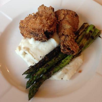 The new improved Fried Chicken, one less piece of cluck but now fresh, perfectly prepared with seasoned asparagus & creamy mashed potatoes.