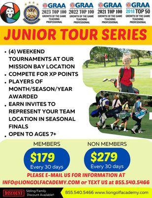 Our junior tournament golf series is our newest addition to our program where children compete for points each week for players of the month