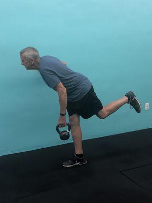 John working hard on KB single leg Romanian deadlifts to improve balance, stability, core and leg strength, co-ordination and hip hinge.