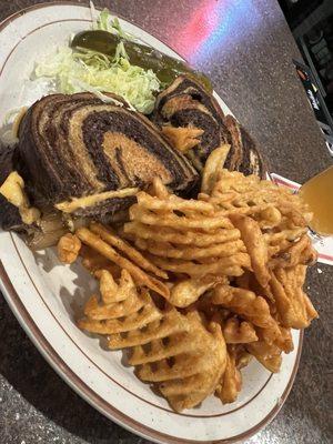 Patty Melt with seasoned waffle fries