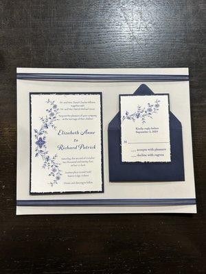 handcrafted navy floral invitation and rsvp card