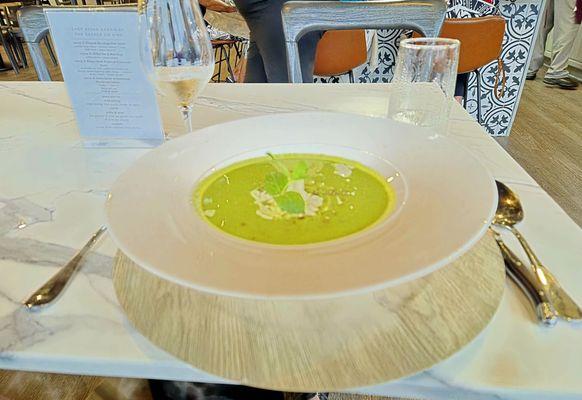 Chilled Pea & Mint Soup  crème fraiche | parmasean |    aleppo pepper