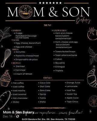 The menu at Mom & Son Bakery