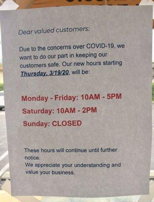 Modified hours due to covid-19