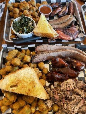 Top: okra, greens, wings w/ a side of habanero sauce, brisket, and chicken | Bottom: double okra, spicy bbq wings, brisket, and pulled pork