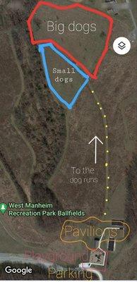 Map labeled to show where the dog runs are (downhill), in relation to the main park areas uphill by the parking lot.