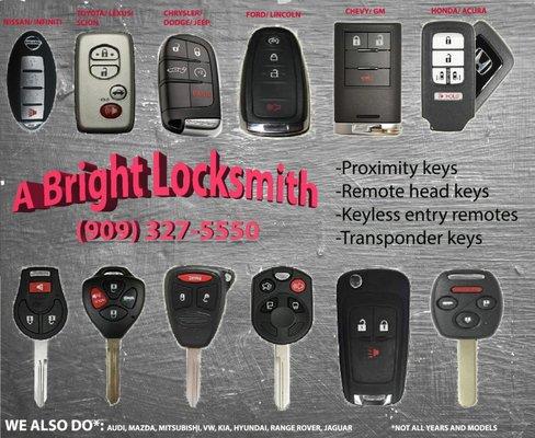 Proximity keys, remote head keys, keyless entry remotes, transponder keys (909)327-5550