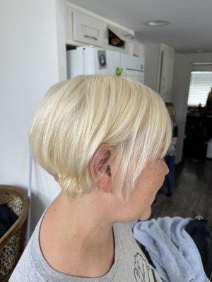 Cut and color. Long Pixie cut, platinum blond starting from fairly dark brown. She has been my client for 6 years now, so we change it up.