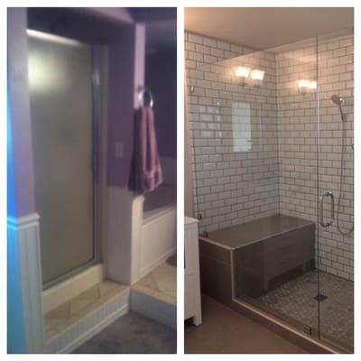 Got rid of the tub and had a huge walk in shower installed. I am obsessed with the subway tiling and frameless shower door!