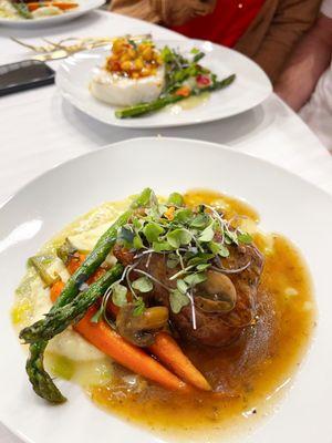 Filet Mignon, Potato Puree, Roasted Vegetables, Melted Leek Sauce, Beef Reduction w/Mushrooms