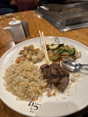 Steak and scallops with fried rice