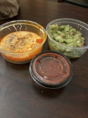 Queso Fundido Dip and guacamole dip exactly how they arrived!