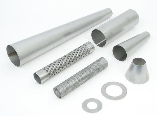 Cones, Cylinders, End Plates, Louvers, Perforated cores.  Design and build your own mufflers.