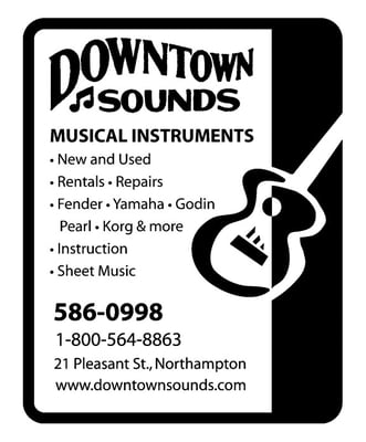 Ad for Downtown Sounds in Northampton, MA. Widely used in playbills.