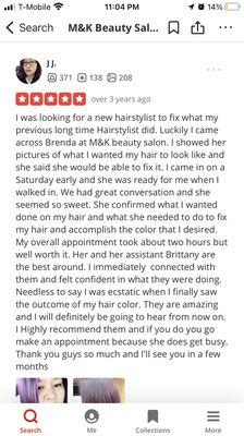 Client review for my services at another location