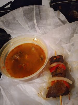 Beef on a stick snd pepper soup..