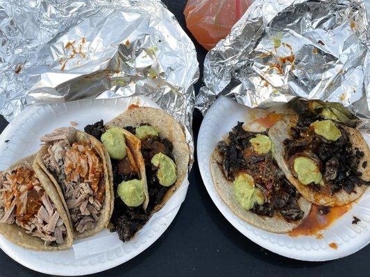 Carnitas, black trombo, and asada.